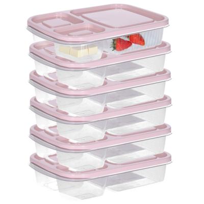 Vershoudbakje/lunchbox - 6x - luchtdicht - 3 vakjes - lichtroze - kunststof - broodtrommel -24 x 15