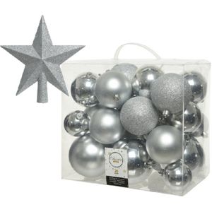 Kerstversiering kunststof kerstballen met piek zilver 6-8-10 cm pakket van 27x stuks