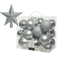 Kerstversiering kunststof kerstballen met piek zilver 6-8-10 cm pakket van 27x stuks