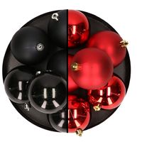 12x stuks kunststof kerstballen 8 cm mix van zwart en rood