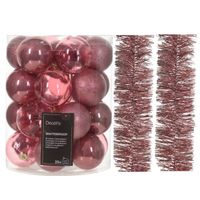 Kerstversiering set - oudroze - kerstballen 6 cm en kerstslingers - kunststof