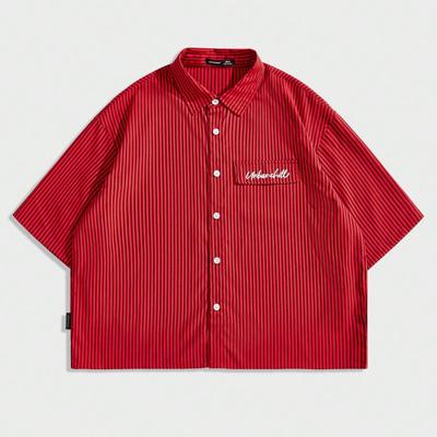 Bon&Bon Men's Striped Short Sleeve Shirt | Loose Fit Casual Blue Top Red-4 / S