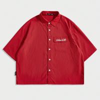 Bon&Bon Men's Striped Short Sleeve Shirt | Loose Fit Casual Blue Top Red-4 / S