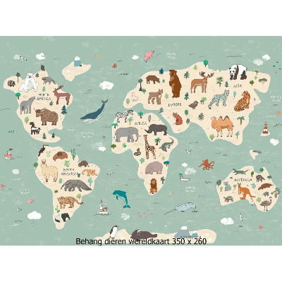 Designed4Kids wandvullend behang kinderkamer wereldkaart met dieren-350 x 260 cm