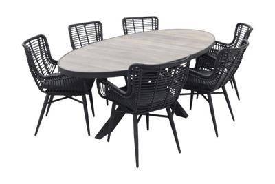 Kismo ovale tuintafel met 6 jasmine dining tuinstoel zwart
