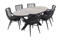 Kismo ovale tuintafel met 6 jasmine dining tuinstoel zwart