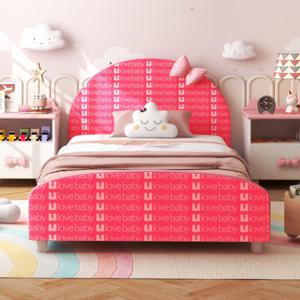 Kinderbed met 4 Verstelbare Voeten Modern Bedframe met Knooppatronen Zacht Hoofdbord 152 x 77 x 70 cm voor Kinderen van 1-6 Jaar Oud