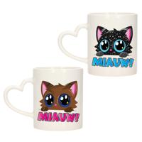 Cadeau set van 2x stuks koffie/thee drink mokken - poes/kat - Miauw - hartjes oor - keramiek