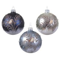 Luxe kerstballen - 6x st - vogel opdruk - donkerblauw, ijsblauw en zilver - glas - 8 cm - thumbnail
