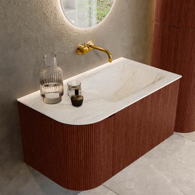 Badmeubel Mondiaz Kurve-Dlux | 85 cm cm | Meubelkleur Ruby | Wastafelkleur Ostra | Solid surface | Wasbak rechter zijde spoelbak | Zonder kraangat(en)