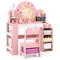 Kinderkaptafel Bestaande Uit Een Houten Kaptafel Met Kruk LED-spiegel En Sieradenrek Roze