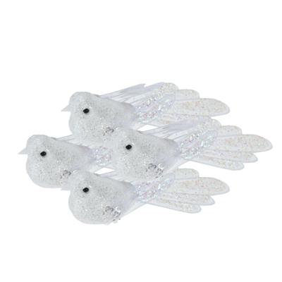 Kerstboomversiering Vogel - 4x stuks - 10 cm - Wit glitter - op clip - ornament
