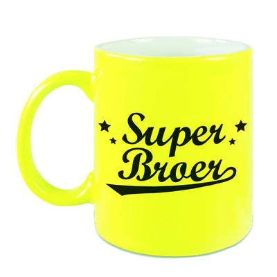 Super broer cadeau mok / beker neon geel met sterren 330 ml Super broer cadeau mok / beker neon geel met sterren 330 ml