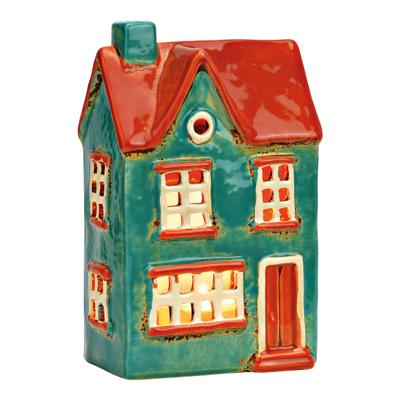 Lichthuis van aardewerk, turquoise/oranje (B/H/D) 12x19x8cm