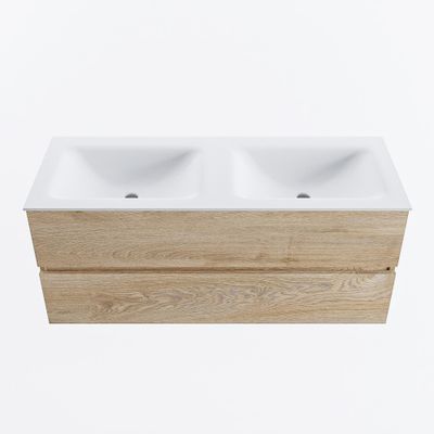 MONDIAZ VICA 120cm badmeubel onderkast Washed Oak 2 lades. Wastafel CLOUD dubbel zonder kraangat, kleur Talc.