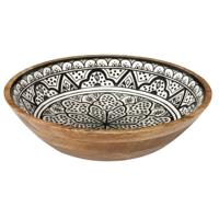 Salade serveer schaal - Fruitschaal/fruitmand - mango hout - D33 x H8 cm - bruin/print