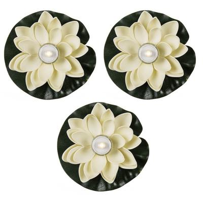 3x waterlelie met led-licht - wit - d13 cm - kunststof - drijvend - werkt op batterijen