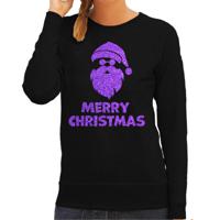 Foute kersttrui/sweater voor dames - Merry Christmas - zwart - glitter paars - Kerstman