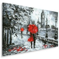 Schilderij - Regen in Londen (print op canvas), zwart-wit/rood, 4 maten, premium print