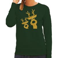 Foute kersttrui/sweater voor dames - gouden rendieren - groen - glitter goud - rendier