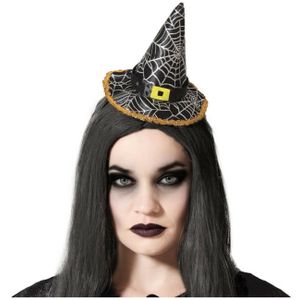 Halloween heksenhoed - mini hoedje op diadeem - one size - zwart/zilver - meisjes/dames