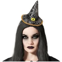 Halloween heksenhoed - mini hoedje op diadeem - one size - zwart/zilver - meisjes/dames - thumbnail