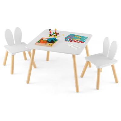 Kindertafel met 2 Stoelen 3-Delig Kinderzitgroep met Massief Houten Poten & Konijnenoren Rugleuning Vierkante Speeltafel Wit