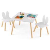 Kindertafel met 2 Stoelen 3-Delig Kinderzitgroep met Massief Houten Poten & Konijnenoren Rugleuning Vierkante Speeltafel Wit