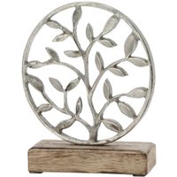 Decoratie levensboom rond van aluminium op houten voet 20 cm zilver   -