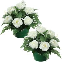 Kunstbloemen plantje rozen in pot - 2x - wit - 25 cm - Bloemstuk ornament - met bladgroen