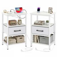 Nachtkastje met Oplaadstation Bijzettafel met Stoffen Lade en Open Opbergvakken Bijzettafel met Metalen Frame Moderne Bijzettafel set van 2-Wit