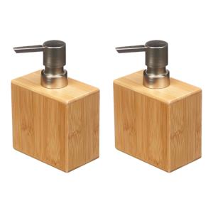 Luxe zeeppompje/dispenser Bamboo - 2x - lichtbruin/zilver - hout - 10 x 6 x 15 cm - 500 ml