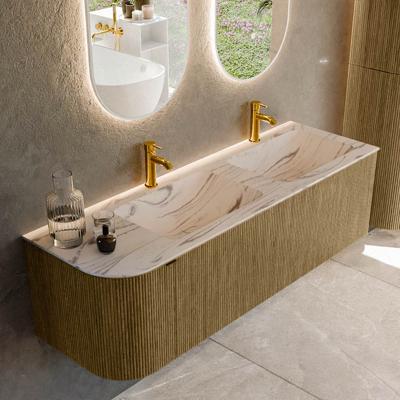 Badmeubel Mondiaz Kurve-Dlux | 145 cm | Meubelkleur Dusk | Wastafelkleur Nata | Solid surface | Dubbel / Rechts spoelbak | 2 kraangaten