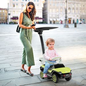 3 In 1 Volkswagen Kinderduwauto 1-3 Jaar met Verstelbare Duwbeugel Draagzak met Zonnekap en Veiligheidsreling/Muziek/Claxon