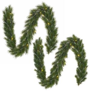 Dennenslingers - 2x - met kerstverlichting - groen - kunststof - 25 x 270 cm - 150 tips