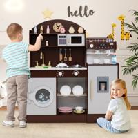 Kinderkeukenset Houten Keuken met Klok Magnetron Gootsteen Afdruiprek Wasmachine Ijs- en Koffiezetapparaat Keukenspeelgoed