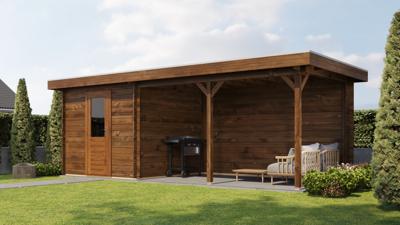 Lugarde Select Ede Blokhut met overkapping 250x250 cm + overkapping 400 cm 28 mm keteldruk bruin geïmpregneerd- Plat dak- - Lugarde Select