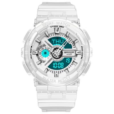 SANDA 298 horloge mannen en vrouwen transparant horloge waterdicht multi functionele lichtgevende beweging dubbele display paar elektronische horloge