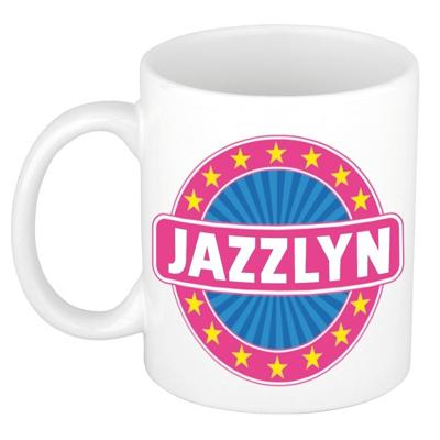 Jazzlyn voornaam koffiemok - beker - wit/roze - 300 ml - Cadeau - Dames - Collega - Moederdag Jazzlyn voornaam koffiemok - beker - wit/roze - 300 ml - Cadeau - Dames - Collega - Moederdag