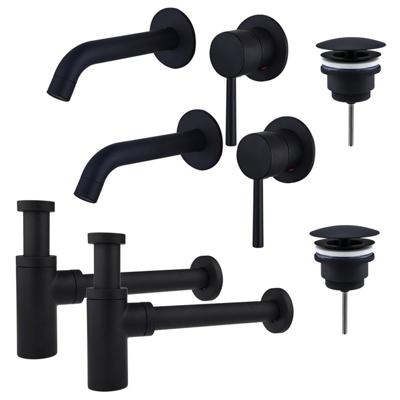Fortifura Calvi Slim Wastafelkraanset - voor dubbele wastafel - inbouw wastafelkraan - always open plug - design sifon - Mat zwart 2x SW377837/2x SW696205/2x SW696210