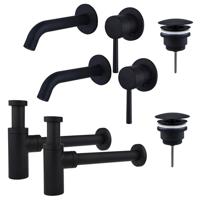 Fortifura Calvi Slim Wastafelkraanset - voor dubbele wastafel - inbouw wastafelkraan - always open plug - design sifon - Mat zwart 2x SW377837/2x SW696205/2x SW696210