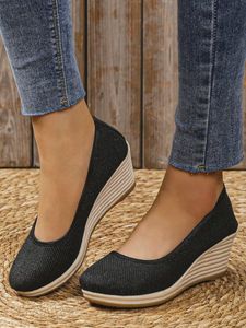 Women Minimalist Linen Fabric Wedge Heel Shallow Shoes