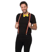 Carnaval verkleedset bretels en strik - regenboog - geel - volwassenen/unisex - feestkleding