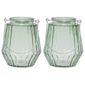 2x stuks theelichthouders/waxinelichthouders streepjes glas mistgroen met metalen handvat 11 x 13 cm