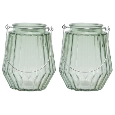 2x stuks theelichthouders/waxinelichthouders streepjes glas mistgroen met metalen handvat 11 x 13 cm