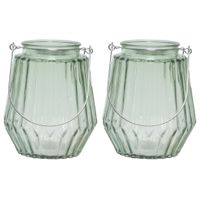 2x stuks theelichthouders/waxinelichthouders streepjes glas mistgroen met metalen handvat 11 x 13 cm