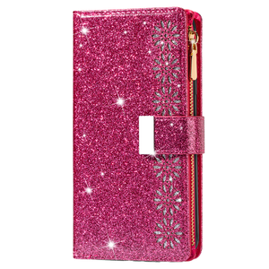 iPhone 15 hoesje - Bookcase - Koord - Pasjeshouder - Portemonnee - Glitter - Bloemenpatroon - Kunstleer - Roze