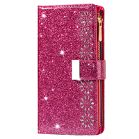 iPhone 15 hoesje - Bookcase - Koord - Pasjeshouder - Portemonnee - Glitter - Bloemenpatroon - Kunstleer - Roze - thumbnail
