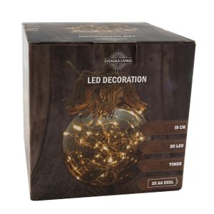 Verlichte glazen kerstbal aan touw met 20 lampjes smoky 15 cm met timer   -