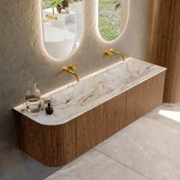 Mondiaz KURVE-DLUX 155 cm Onderkast Greeploos 2 Lades Met Deuren Walnut, Wastafel Solid Surface Rechts Glace 0 Kraangaten Zonder Spiegel (KRVLEA155L2L1D0KD-Wal/Gla)